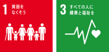 SDGsのアイコン　1貧困をなくそう、3すべての人に健康と福祉を