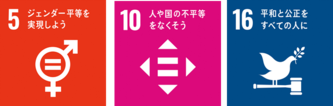 SDGsのアイコン　3すべての人に健康と福祉を、10人や国の不平等をなくそう、16平和と公正をすべての人に