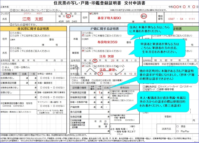 画像：戸籍証明の交付申請書記入例