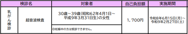 対象者は30歳から39歳の女性です。妊娠中の方は受診できません。自己負担額は1,700円です。実施期間は令和8年6月15日から令和9年2月27日です。